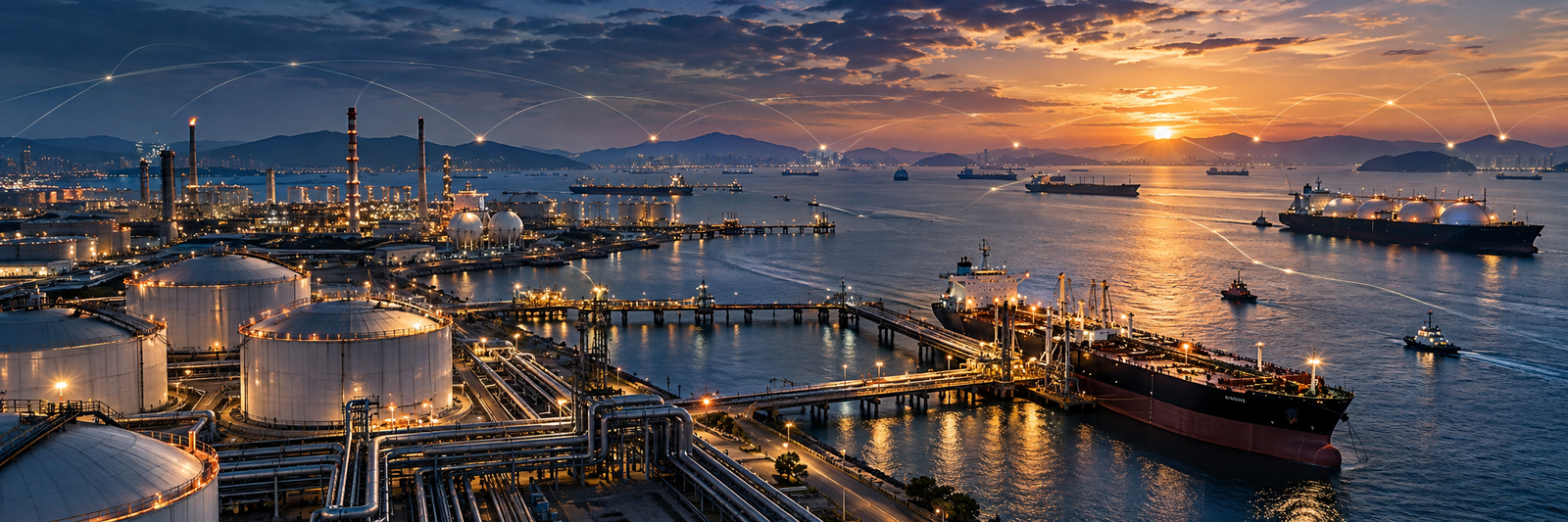 Aerial view of an oil terminal and a tanker fleet at sunset