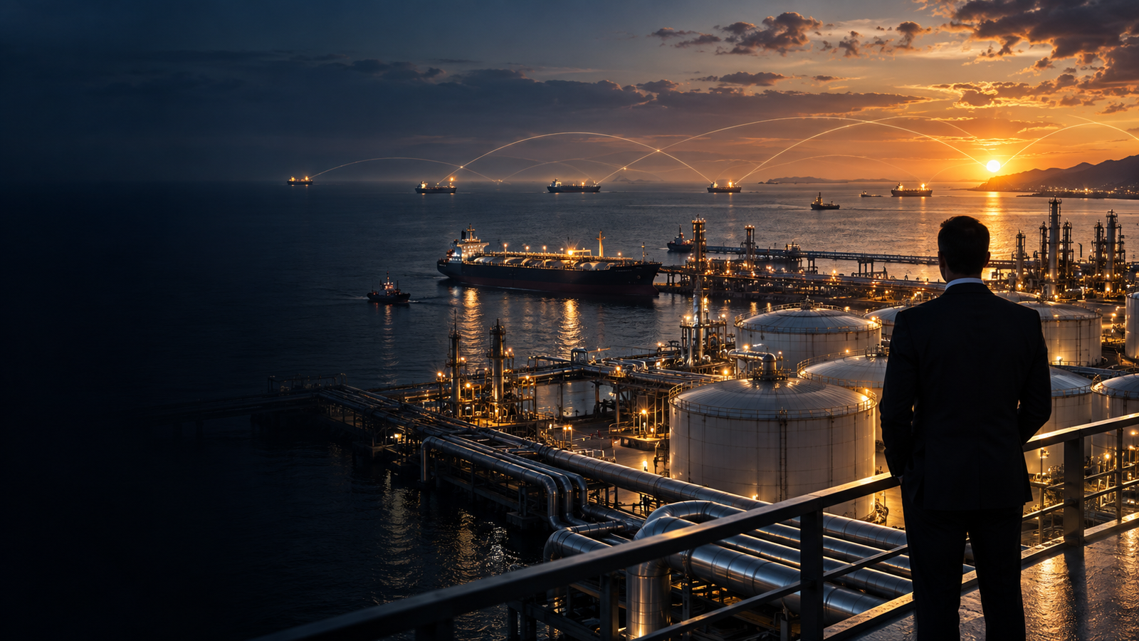 Energy executive overlooking an oil terminal at dusk