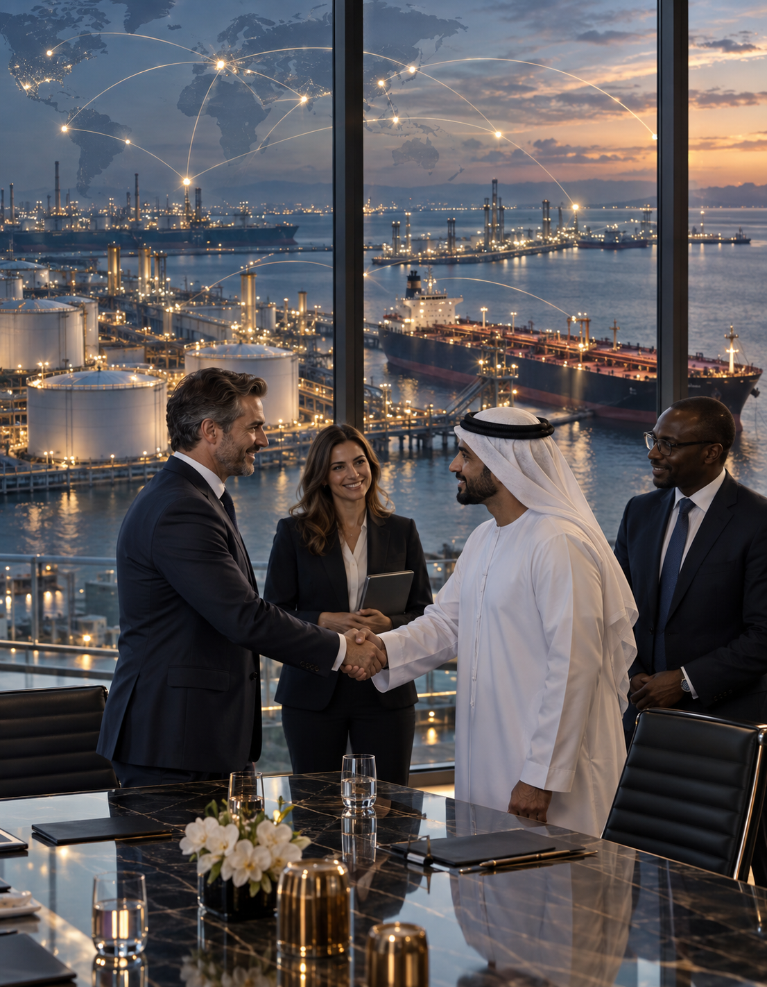 Agreement signing between international partners in the oil sector