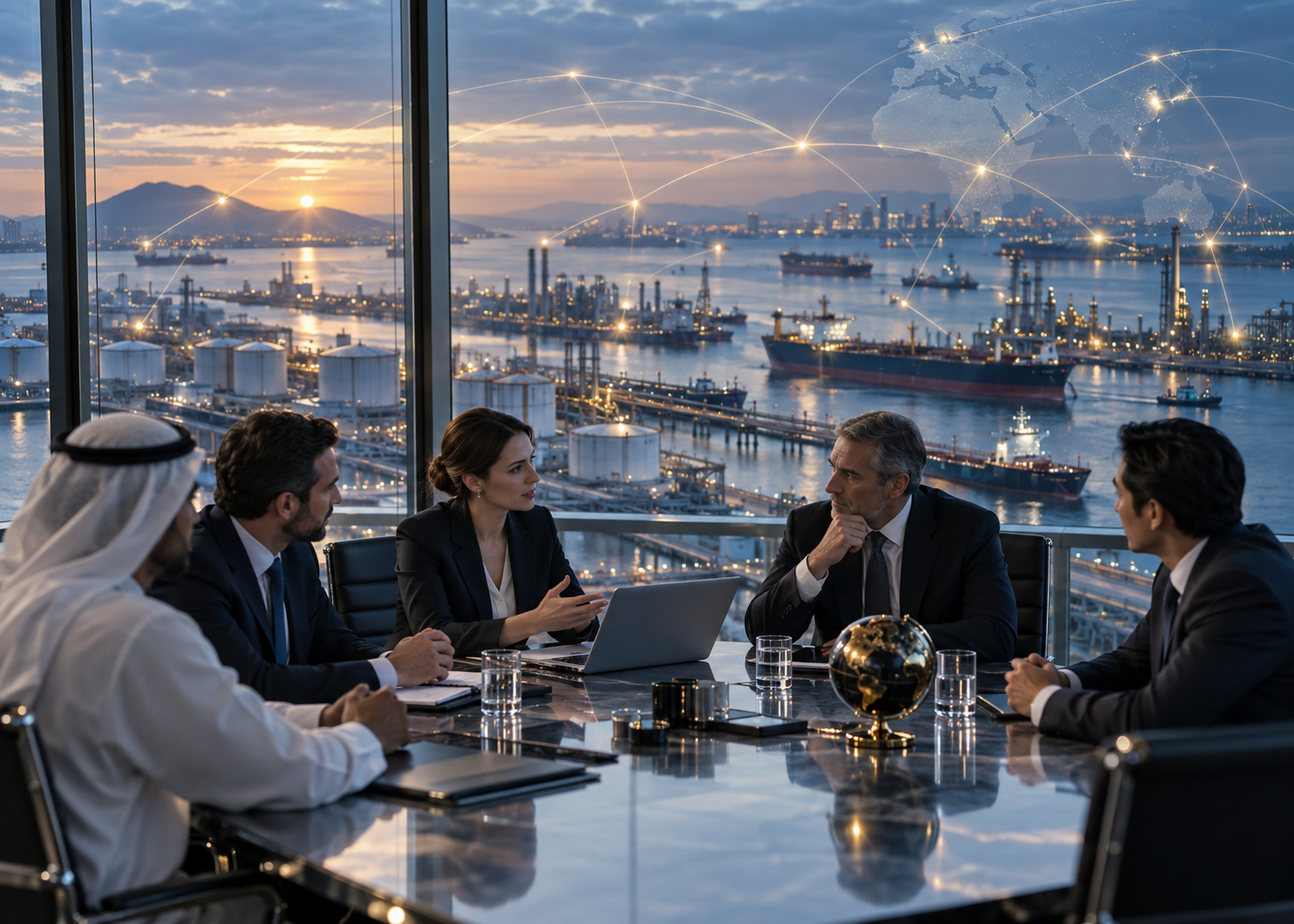 International team meeting overlooking an energy terminal